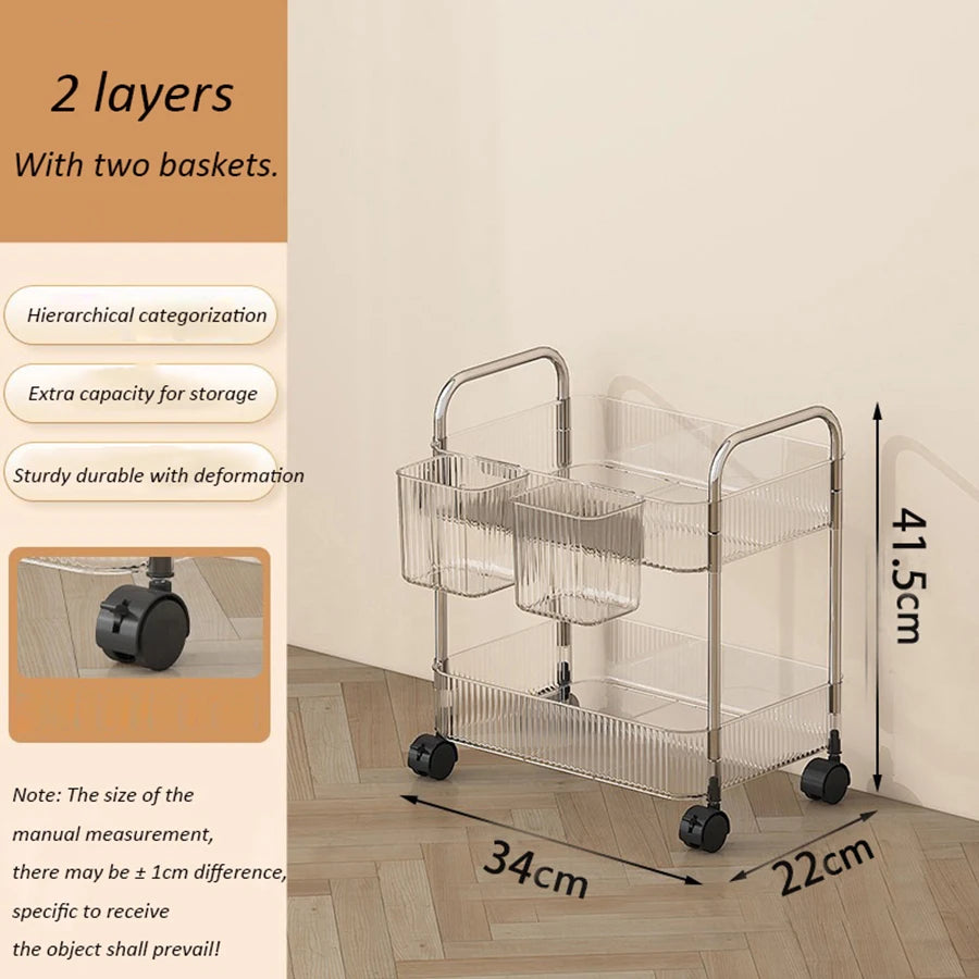 Transparent Acrylic Rolling Storage Cart - 2/3/4-Tier Trolley with Removable Hanging Baskets