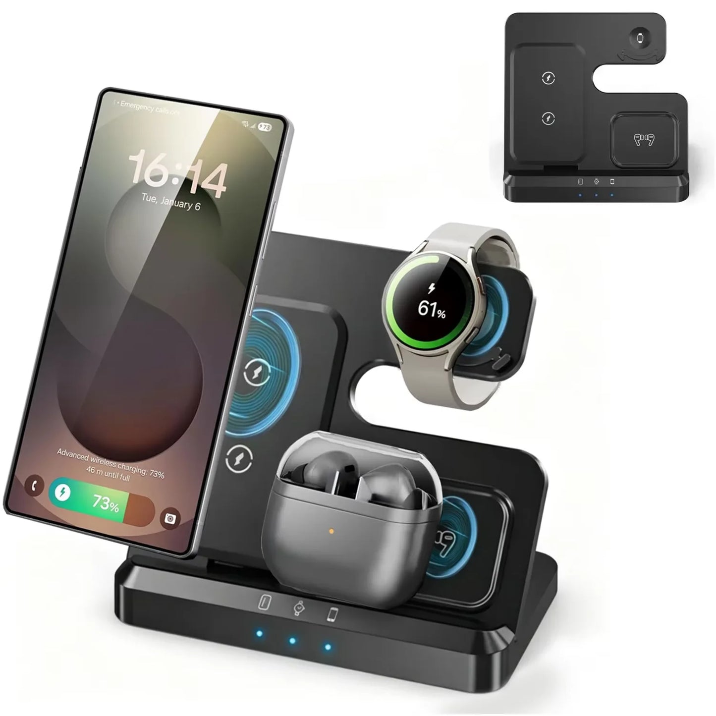 4-in-1 Wireless Charging Station - Alarm Clock Stand for Samsung Galaxy S26/S25, Galaxy Watch, Buds & Fast Charging Accessories