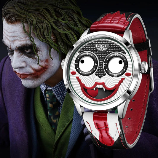 LIGE 2025 Men’s Creative Clown Quartz Watch – Waterproof Leather Strap Joker Fashion Wristwatch