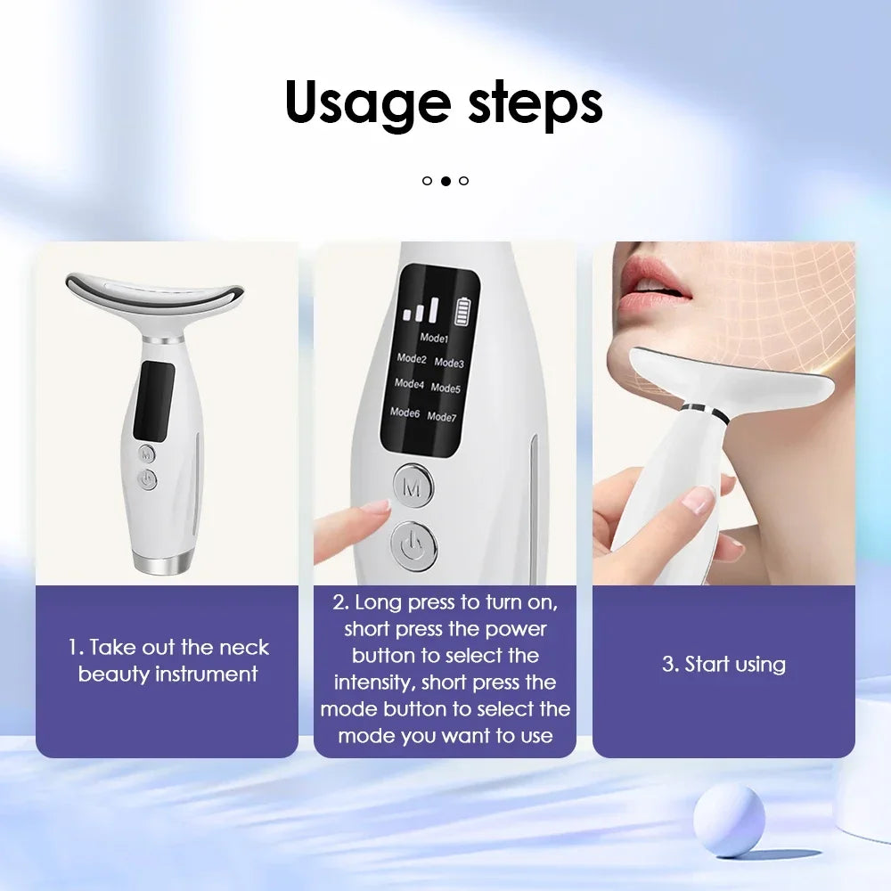 Portable 7-Color LED Light Therapy Massager – Face & Neck Anti-Wrinkle Skin Tightening with 3 Adjustable Vibration Gears