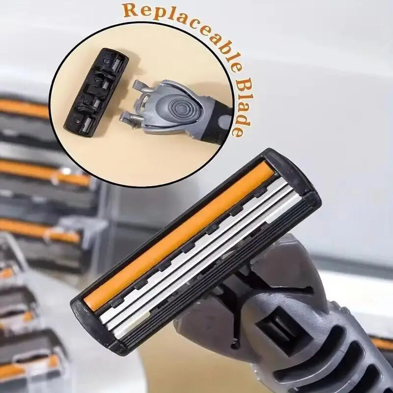 Men’s Reusable Safety Razor with Triple Blades – Anti-Slip Handle, Skin Guard, Travel Shaving Kit Variety Pack