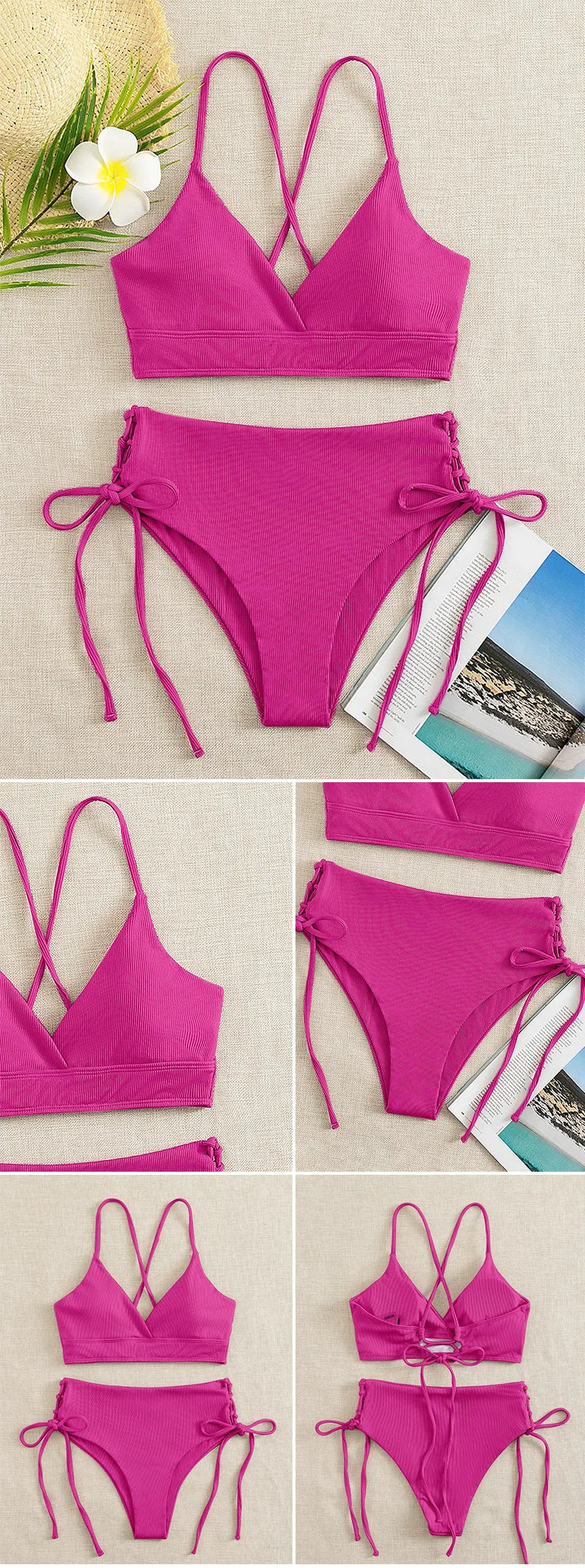 Cikini V-Neck Split Bikini Set – Sexy Lace-Up Triangular Solid Color Swimwear for Women