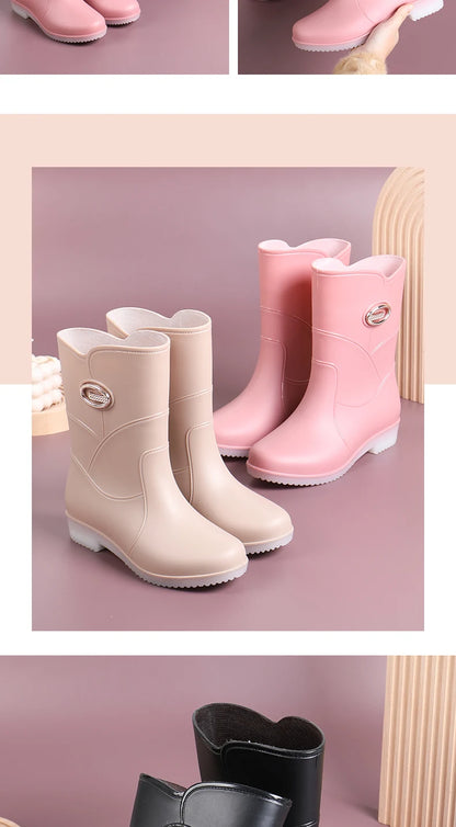 Women’s Fashion Mid-Tube Rain Boots – Wear-Resistant, Waterproof Rubber Shoes with Thick Sole, Non-Slip & Cotton Lining