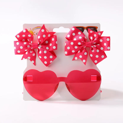 3Pcs/Pack Solid Dot Hair Bows – Colorful Boutique Bowknot Clips for Girls, Heart & Sunglasses Hair Accessories