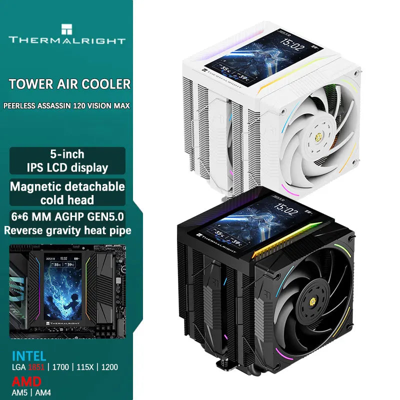 Thermalright Peerless Assassin 120 VISION MAX CPU Air Cooler – AGHP 5.0 6x6mm Heat Pipes 5-inch Display High Performance Radiator for Intel LGA1851/1700 & AMD AM5