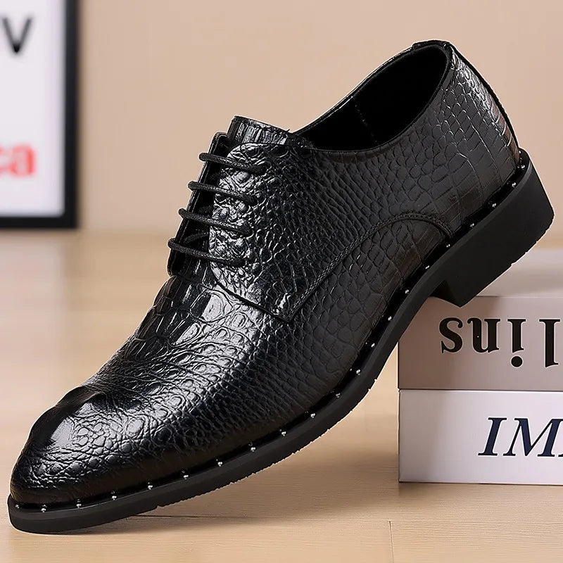 Men’s Genuine Leather Crocodile Pattern Oxford Shoes - Luxury Lace-Up Wedding Party Business Office Dress Shoes