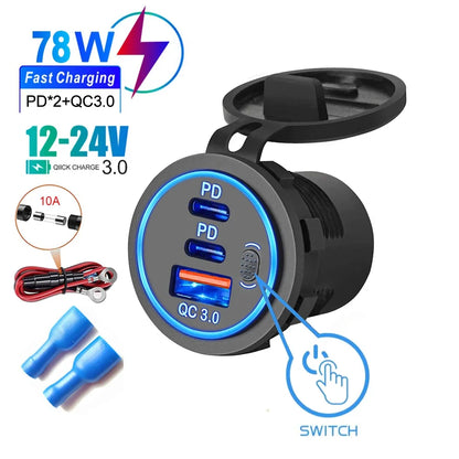 QC3.0 + PD 78W Car Charger Socket Triple USB Type-C Fast Charging Power Adapter with Switch Waterproof 12V/24V Universal Car Charger