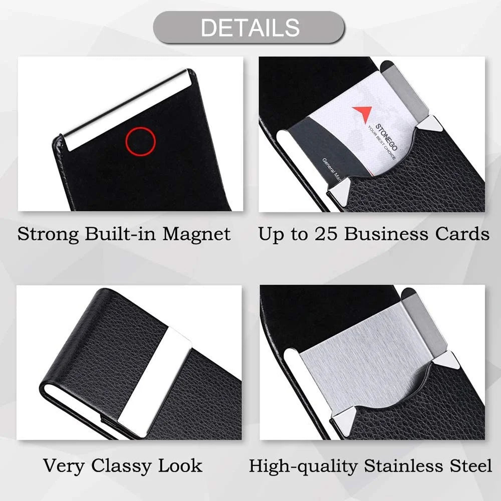 Slim PU Leather Business Card Holder Case – Metal Pocket Holder with Magnetic Closure for Name Cards
