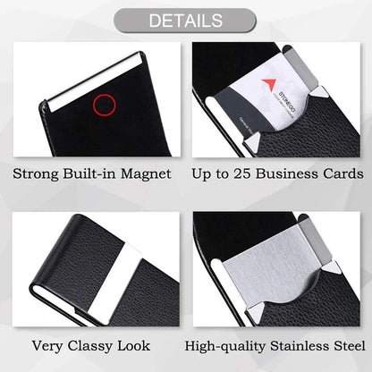 Slim PU Leather Business Card Holder Case – Metal Pocket Holder with Magnetic Closure for Name Cards