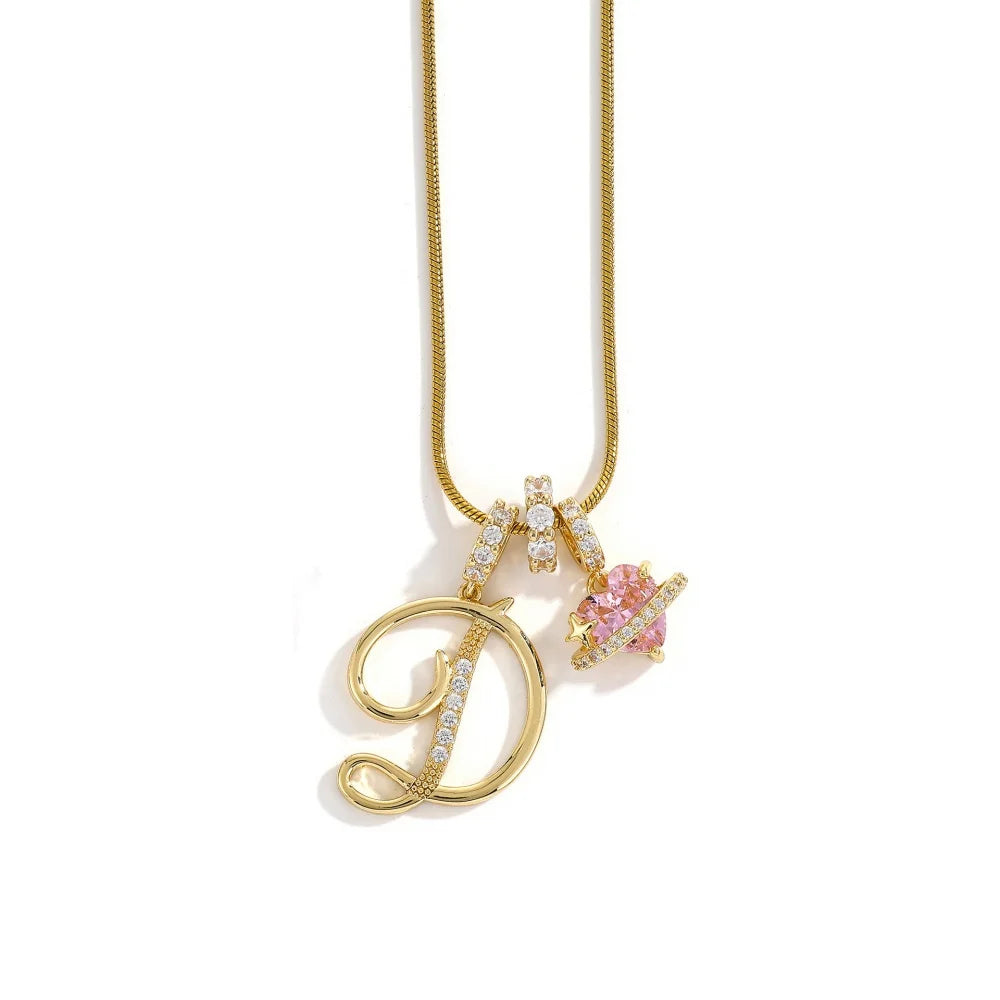 Gold Zircon Flower Letter Necklace - A-Z Alphabet Pendant Jewelry Gift for Women