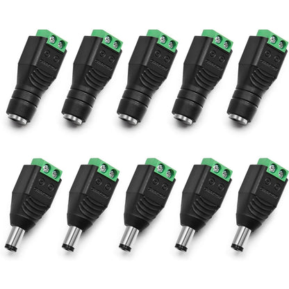 12V DC Power Jack Connectors - 2.1×5.5mm Male and Female Adapter Plugs for CCTV Cameras and LED Strip Lights, 10 Pairs