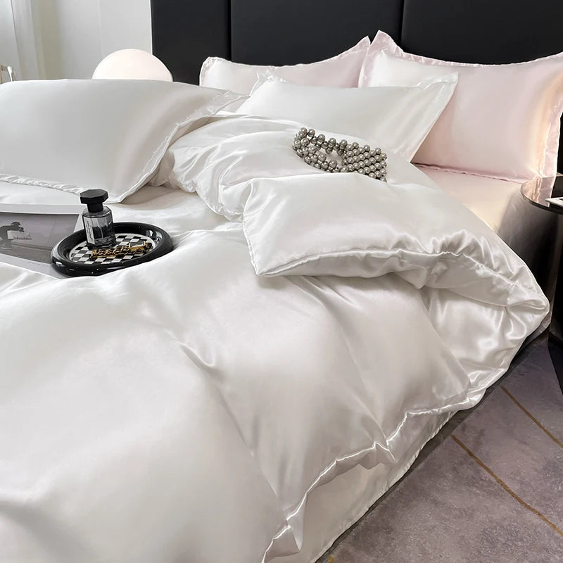 Nordic Satin Silk Bedding Set – Luxury Duvet Cover, Bed Sheet & Pillowcases for Single, Double & Couple Beds