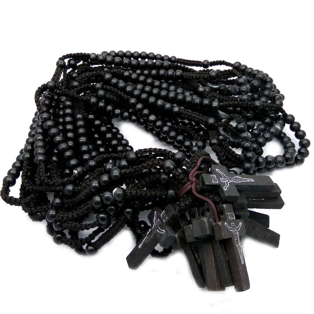 8mm Wooden Rosary Beads Necklace – Catholic Orthodox Cross Pendant, Woven Rope Prayer Chain for Men, Spiritual Gift (Black/Brown/Khaki)