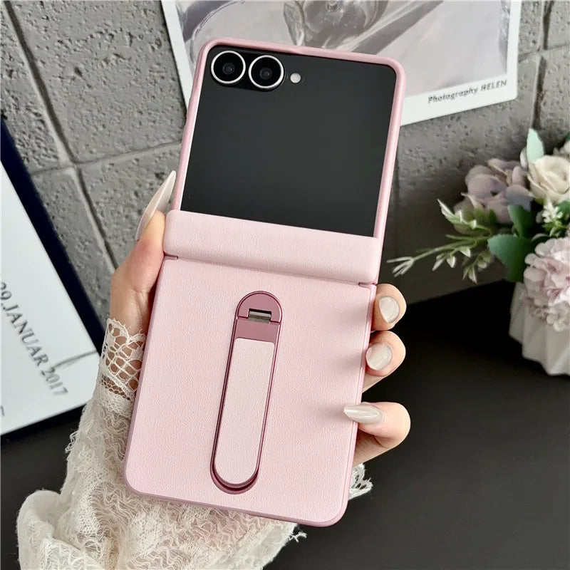 Samsung Galaxy Z Flip 8 Vegan Leather Case - Shockproof Stand Cover with Tempered Glass & Hinge Protection