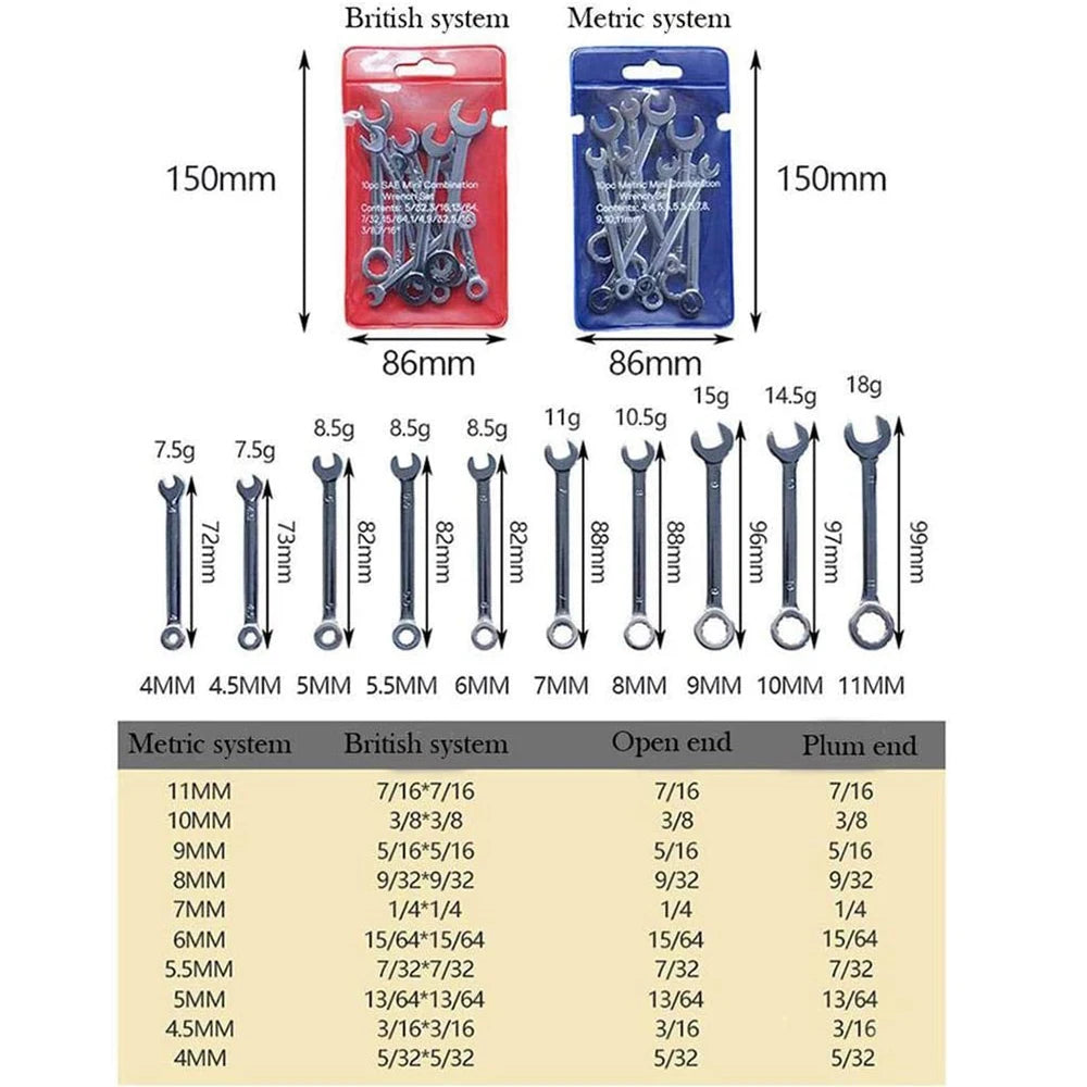 10-Piece Mini Spanner Wrench Set - 4–11mm Metric and British Pocket Hand Tools with Key Ring