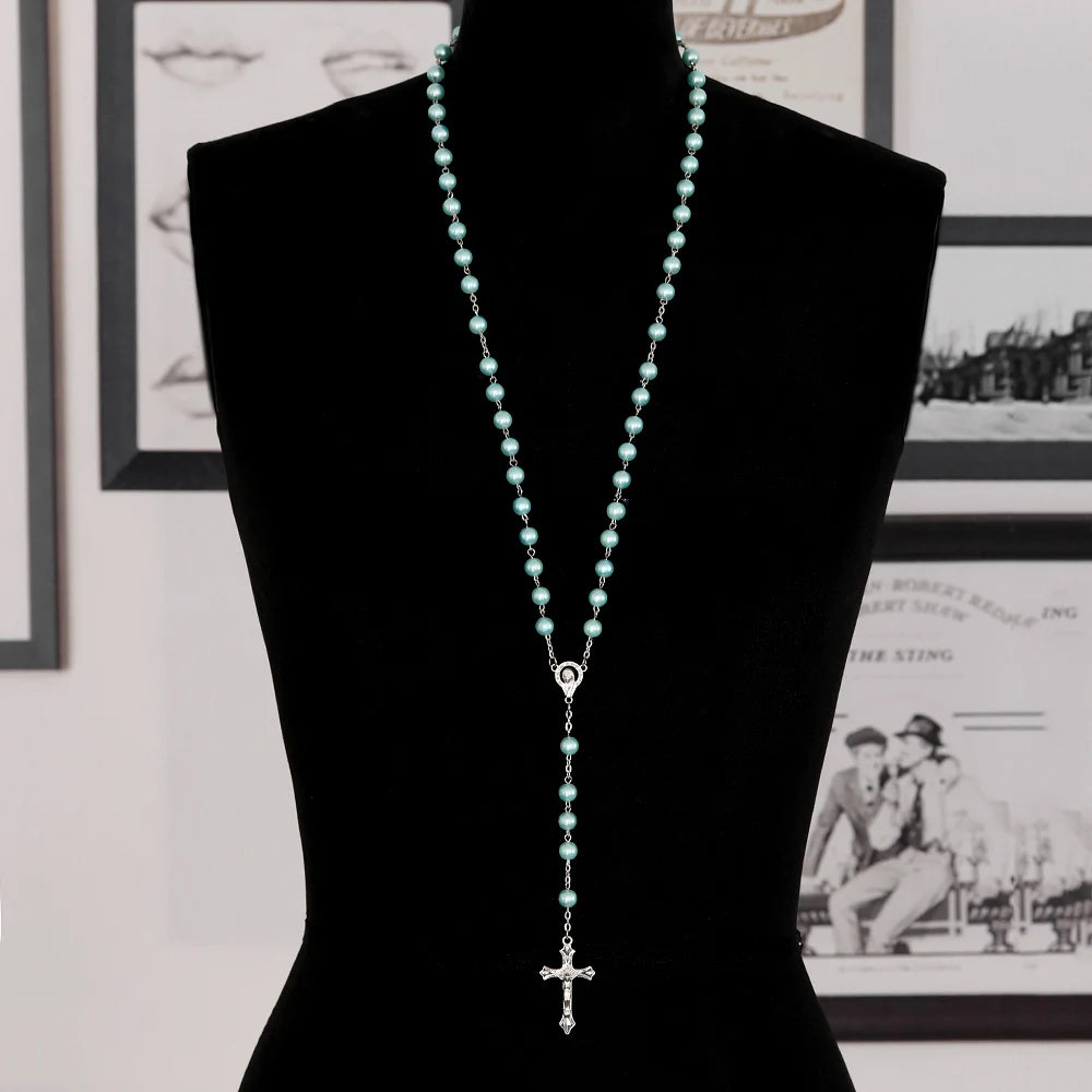 Rosary Beads Cross Necklace – Catholic Virgin Mary Pendant Chain Religious Jewelry Gift for Men & Women Prayer Charm
