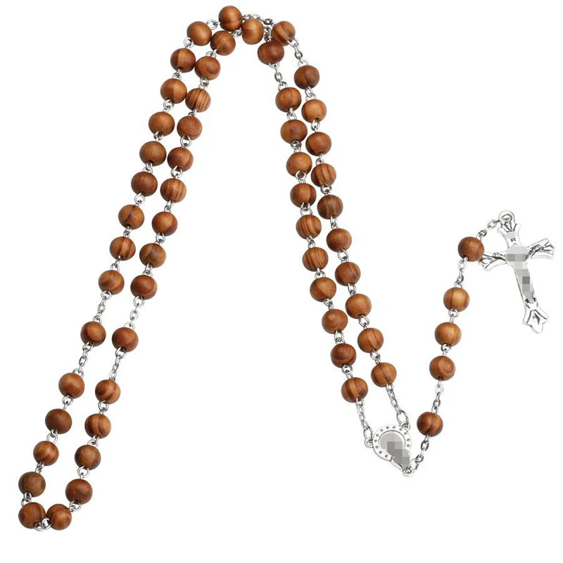 8mm Wood Rosary Beads Necklace – Catholic Jesus Christ Cross Crucifix Pendant Long Chain Religious Jewelry for Men & Women