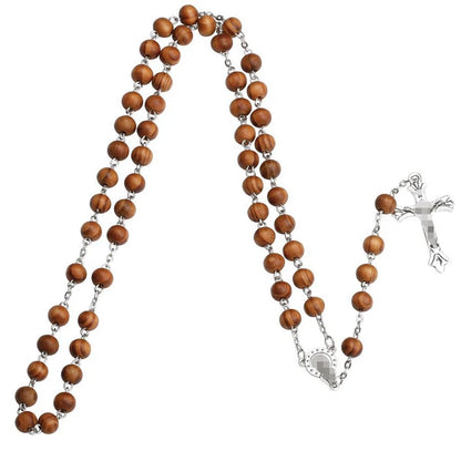 8mm Wood Rosary Beads Necklace – Catholic Jesus Christ Cross Crucifix Pendant Long Chain Religious Jewelry for Men & Women