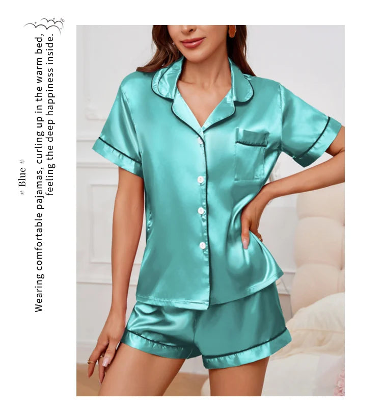 Women's Satin Pajamas Set – Summer Two-Piece Sleepwear with Button-Down Top and Shorts, Comfortable Nightwear Loungewear