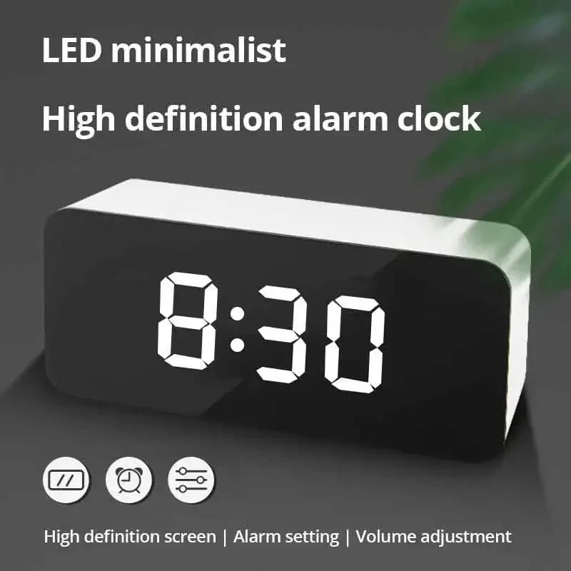 White LED Mirror Alarm Clock – USB Desktop Clock with Time Display, Snooze & Night Light for Home Decor