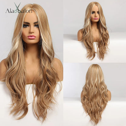 ALAN EATON Black Long Wavy Synthetic Wig – Natural Afro Hair, Middle Part, Heat-Resistant Fiber for Daily Use