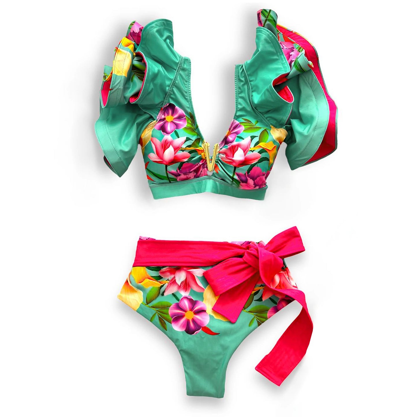 Sporlike V-Neck Ruffled Bikini Set – High Waist Sexy Printed Two-Piece Swimsuit for Women 2025