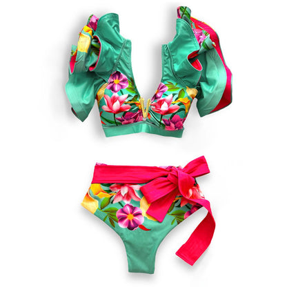 Sporlike V-Neck Ruffled Bikini Set – High Waist Sexy Printed Two-Piece Swimsuit for Women 2025