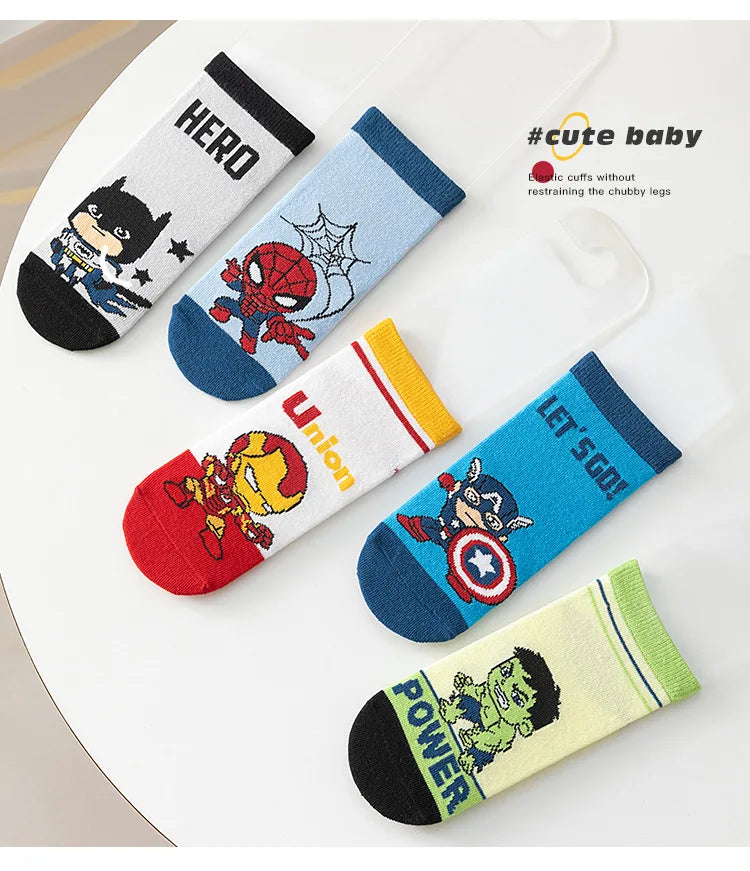 5 Pairs Spiderman Cotton Socks for Kids – Iron Man, Hulk, Thor Anime Boys Short Socks, Cartoon Baby Spring & Summer Footwear