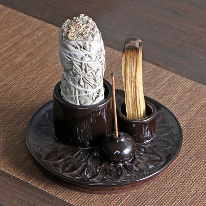 Ceramic Palo Santo Sticks Holder – 4 in 1 Incense Burner, Sage Holder & Ash Catcher Tray for Meditation & Yoga Room