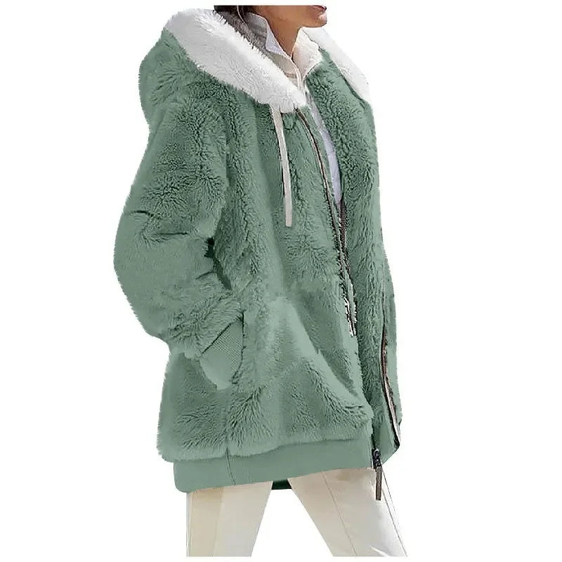 Autumn Winter Women's Hooded Coat – Casual Zipper Cashmere Fleece Jacket Solid Color Ladies Outerwear