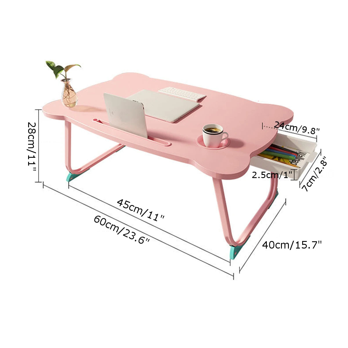 Pink Portable Folding Laptop Stand - Wooden Foldable Study Table Desk for Bed and Sofa, Ideal for Computer Use and Tea Serving