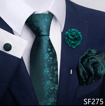 Luxury Men's Floral Black and Gold Tie Set - Paisley Necktie with Pocket Square, Cufflinks and Brooch for Weddings and Parties