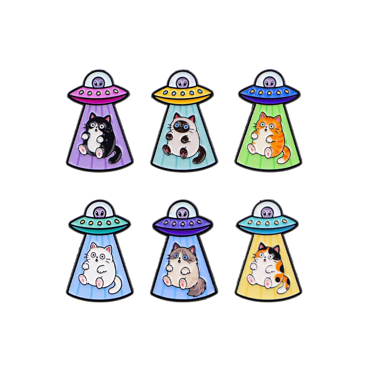6-Piece UFO Cat Enamel Pin Set - Cartoon Alien Spaceship Brooches for Jackets, Backpacks, and Collectors’ Gifts