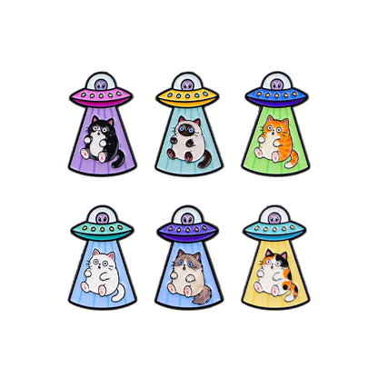 6-Piece UFO Cat Enamel Pin Set - Cartoon Alien Spaceship Brooches for Jackets, Backpacks, and Collectors’ Gifts