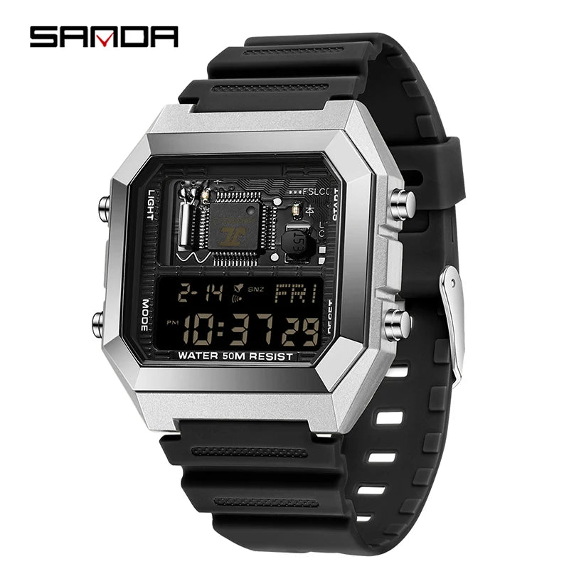 SANDA 6216 Men's Digital Sport Watch - Square LED Display, Waterproof Alarm & Stopwatch