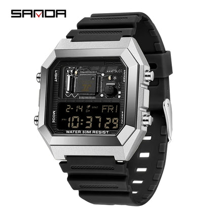 SANDA 6216 Men's Digital Sport Watch - Square LED Display, Waterproof Alarm & Stopwatch