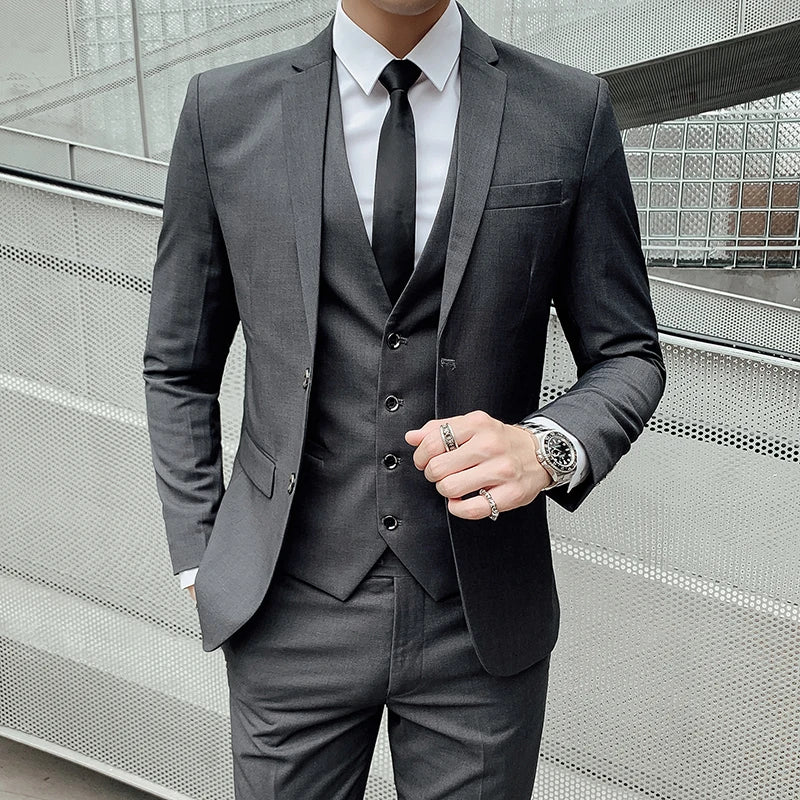 Men’s Business Suit Set — Blazer, Vest & Pants, Slim Fit Solid Color Wedding & Formal Dress Suit, Plus Size