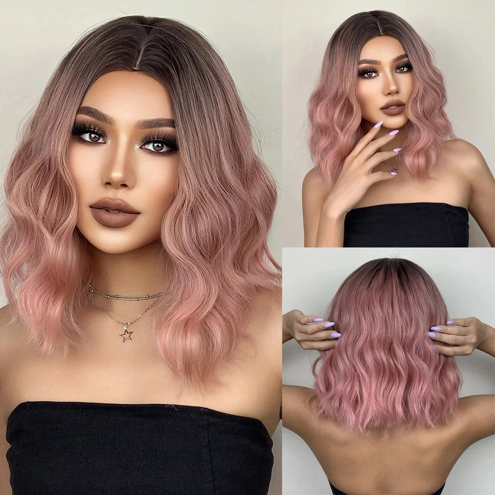 CharmSource Pink BOBO Short Synthetic Wig for Women — Natural Wave, High-Density, Heat-Resistant Hair for Daily & Party