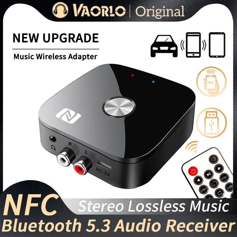 NFC Bluetooth 5.3 Audio Receiver – 3.5mm AUX, RCA Stereo, Lossless HIFI Music Wireless Adapter with USB U-Disk Play & Remote Control
