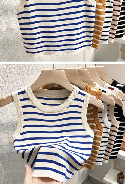 Women's Striped Sleeveless Tank Top — Knitted Crop Summer & Spring Casual Slim Fit Vest Camis