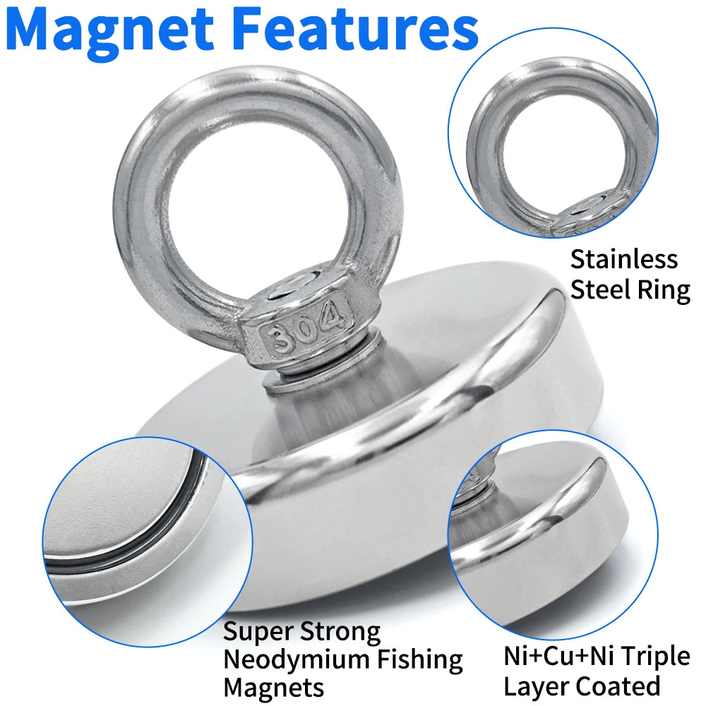 D16~D42mm Super Strong Neodymium Fishing Hook Magnet — N52 Heavy Duty Rare Earth Eyebolt with Countersunk Hole for Salvage