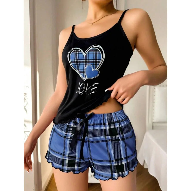 Women’s Sexy Suspender Pajama Set - Letter Print Plaid Shorts Romantic Thin Nightwear Home Wear