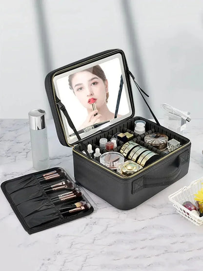 Smart LED Cosmetic Case with Mirror, Large Capacity Travel Makeup Bag for Women, Skincare & Beauty Organizer