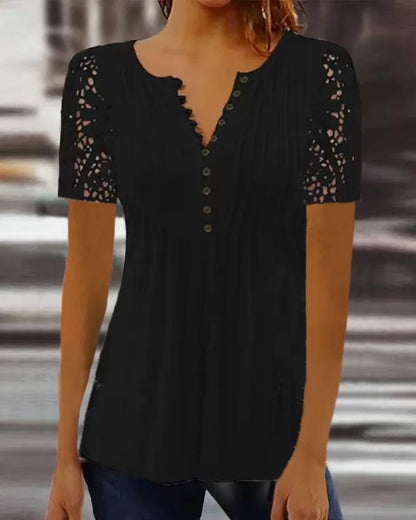 Women’s Summer Floral Lace V-Neck Blouse – Loose Fit Short Sleeve Casual Elegant Printed Fashion Shirt for Spring & Summer Wear