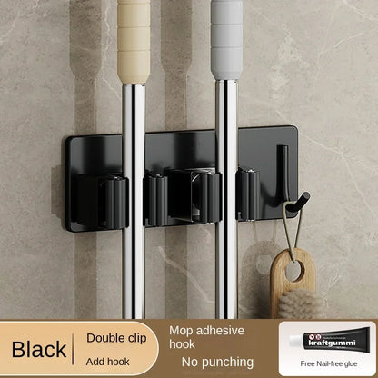 Non-Perforated Stainless Steel Mop Holder — Wall-Mounted Broom & Mop Clamp Hook for Bathroom & Door Storage