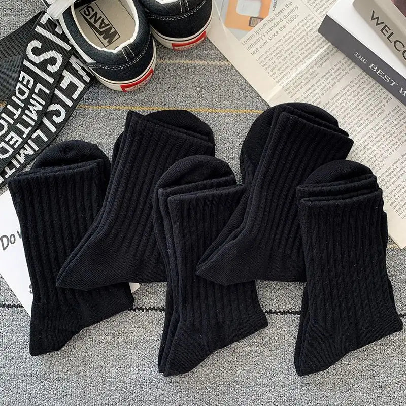 5 Pairs Cool Men's Socks Set – Black & White, Warm Autumn/Winter Sport Short Socks, Solid Color for Men
