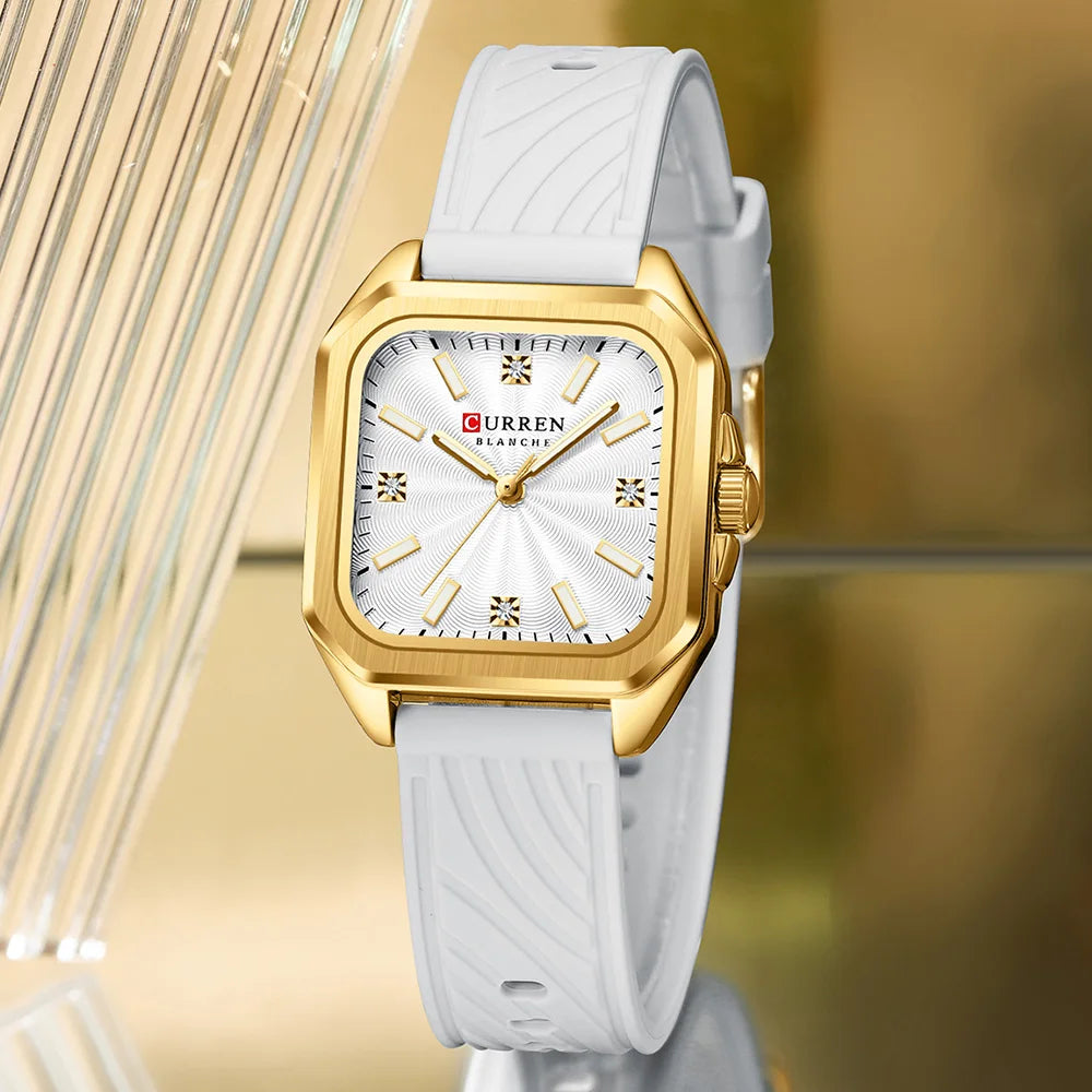CURREN Square Women’s Quartz Watch - Casual Silicone Strap Fashion Wristwatch with Gift Box