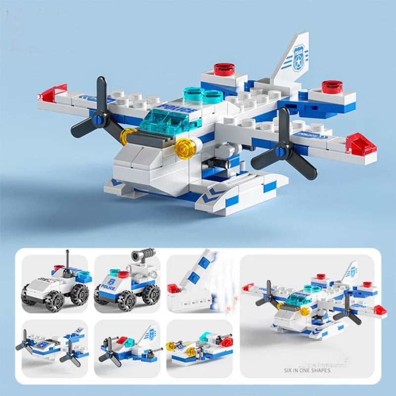 Mini 6-in-1 Building Blocks Set - Police Car, Fire Truck & Castle DIY Educational Toy