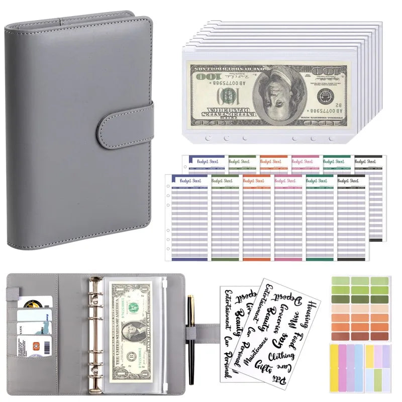 PU Leather Budget Binder with Cash Envelopes – A6 Planner Organizer, Zip Pockets for Saving Money, Small French Budget Pouch