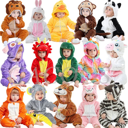 Cartoon Flannel Baby Romper – Unicorn, Rabbit & Dinosaur Pajamas, Cotton Kigurumi Jumpsuit for Boys & Girls